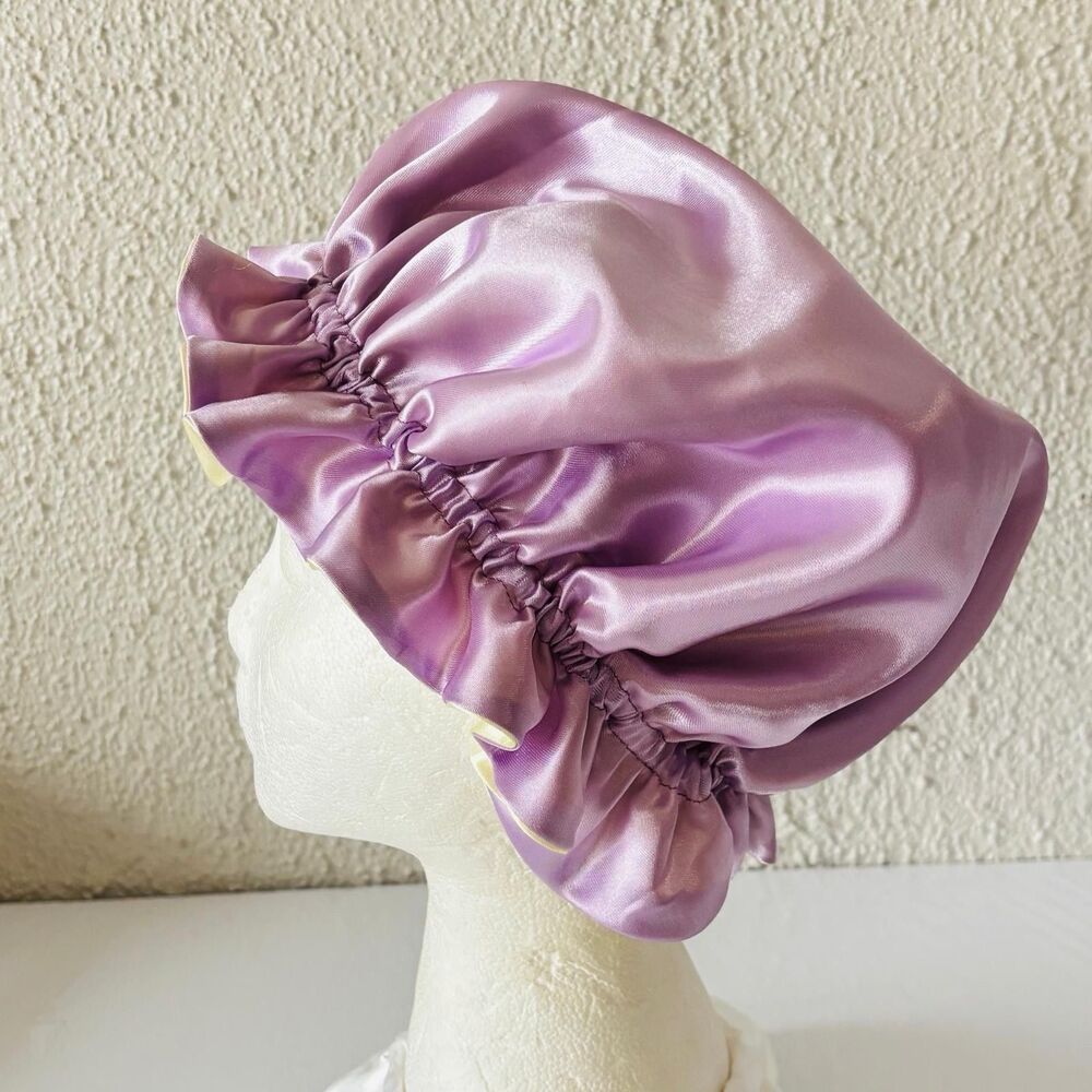 Reversible Satin Sleep Bonnet Hat – Purple & Yellow – Extra Large, Elastic Fit - Picture 6 of 16